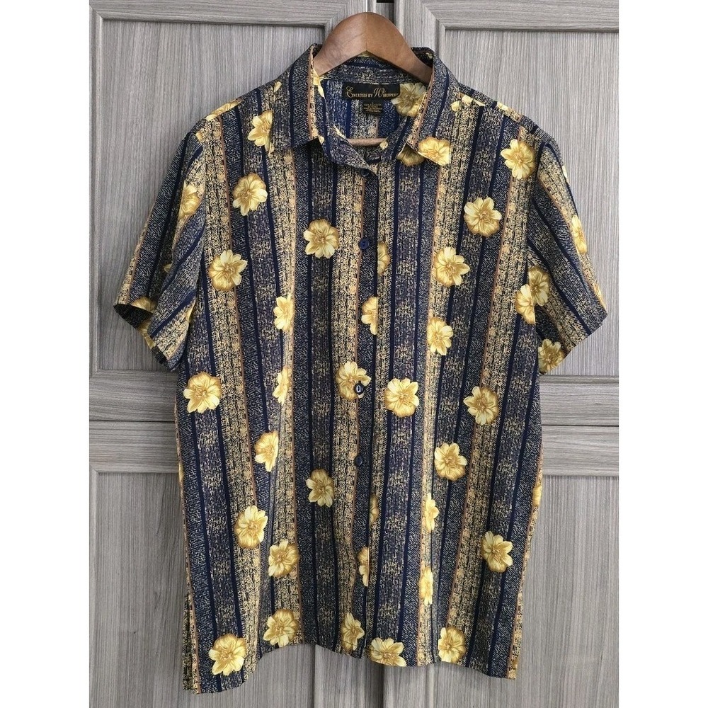 Exclusif By Whispers Womans Button-Up Blouse Sz Large Bright Floral Retro